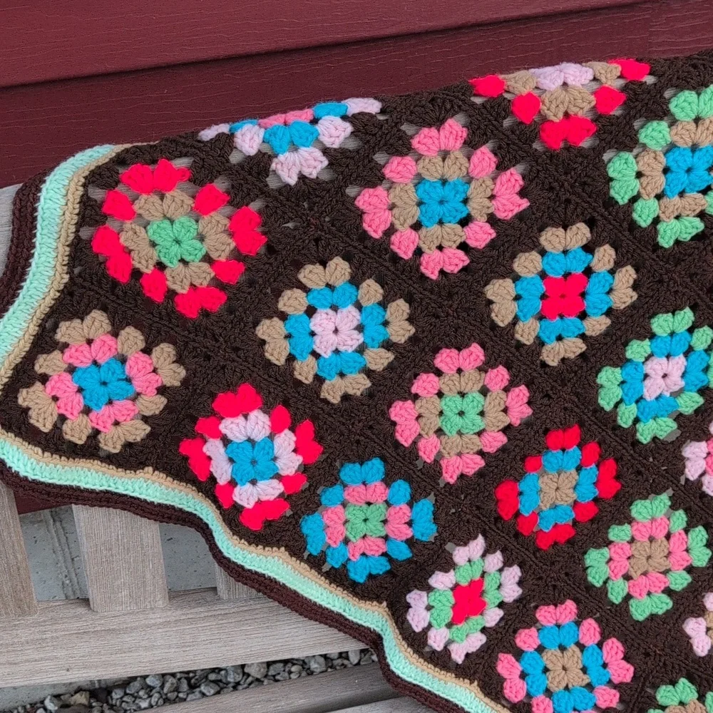 Colorful Crochet Granny Square Blanket Vintage Lap Throw Decoration
